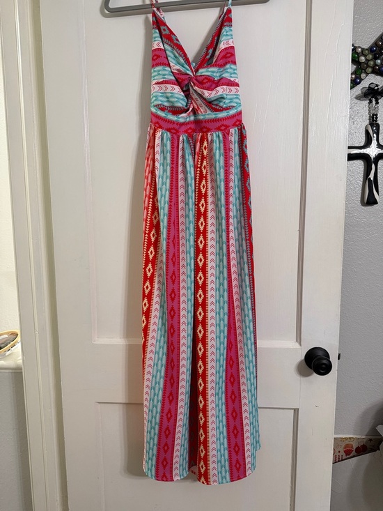 Popvil Dresses & Skirts - Striped Tie-Back Maxi Dress in Coral, Turquoise & Pink